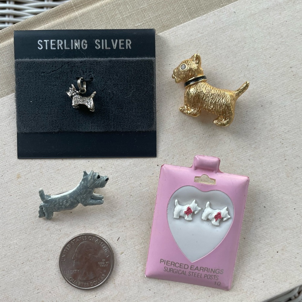Lot of 4 Scottie Dog accessories. Earrings, pins, and charm